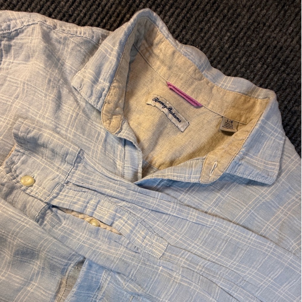 Tommy Bahama Mens Linen Plaid Casual Shirt Long Sleeve Light Blue L Resortcore